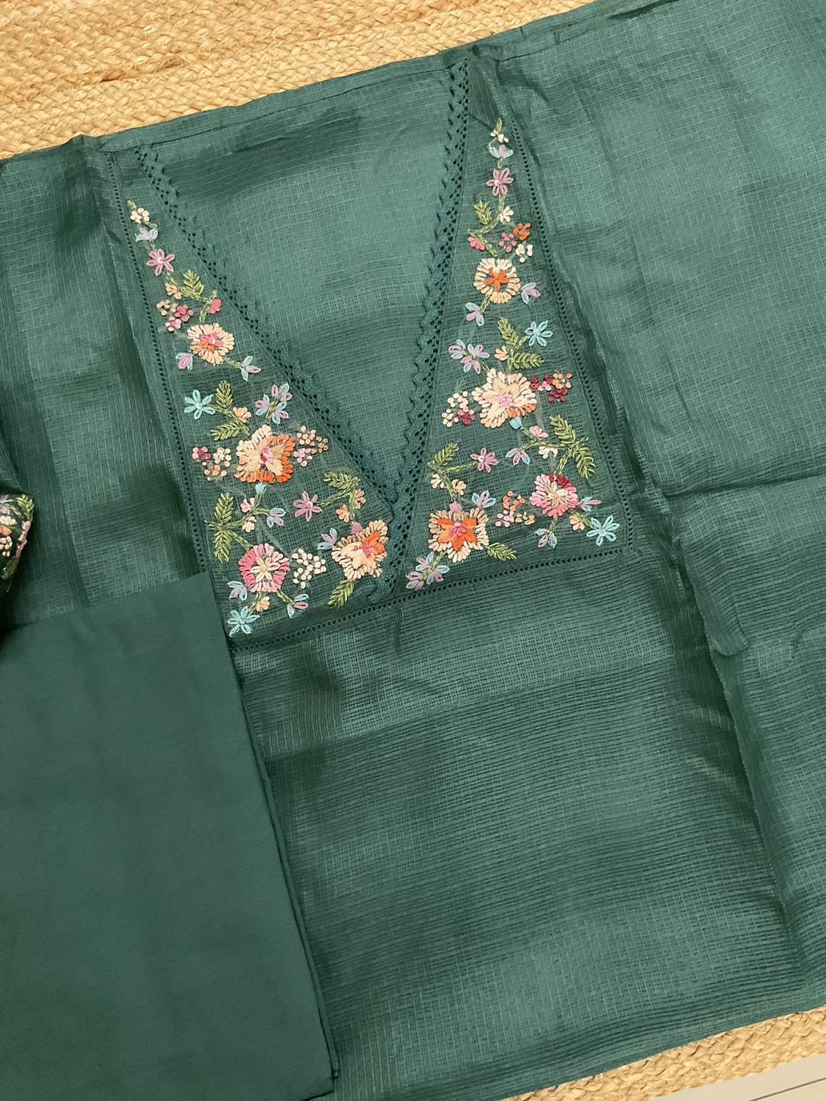 Soft Kota Silk Embroidered Suit - Dark Green
