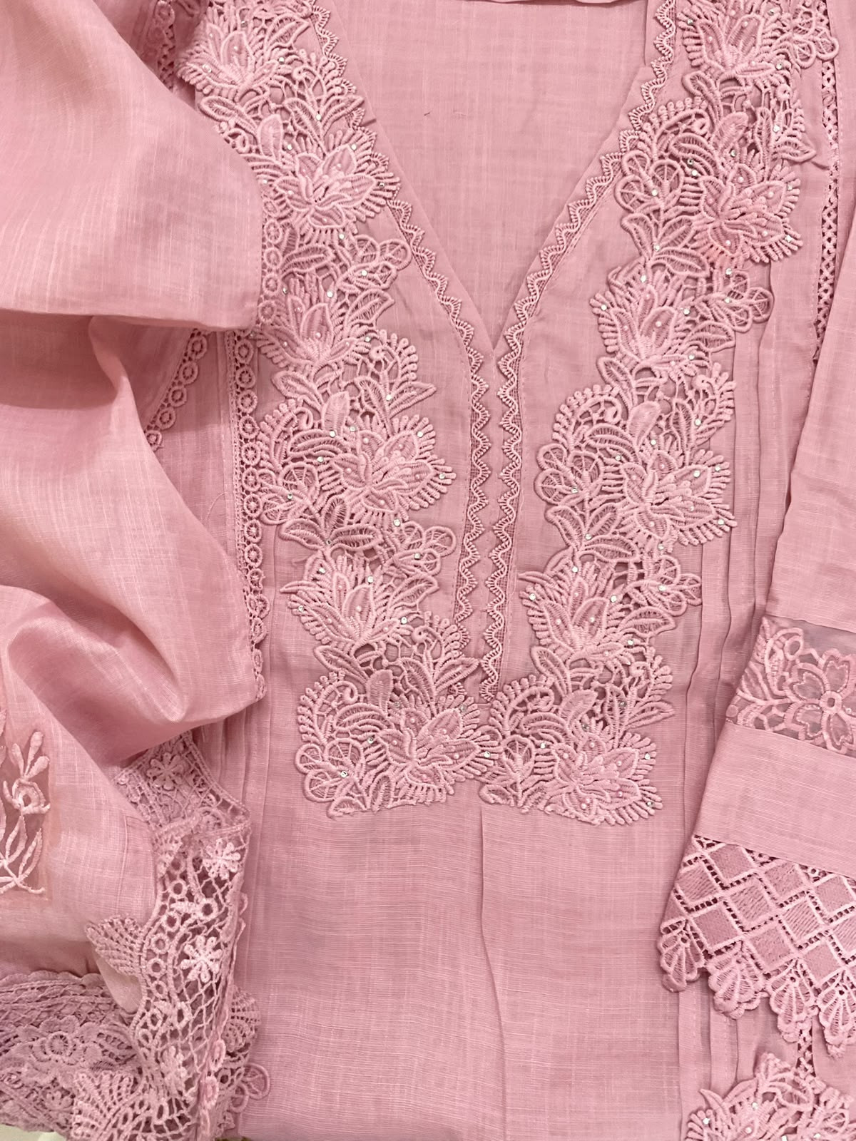 Soft Fine Linen Jute Cotton Embroidered Suit - Pink