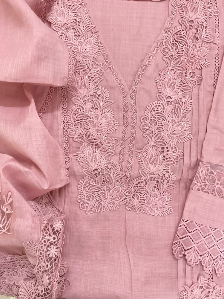 Image of Soft Fine Linen Jute Cotton Embroidered Suit - Pink