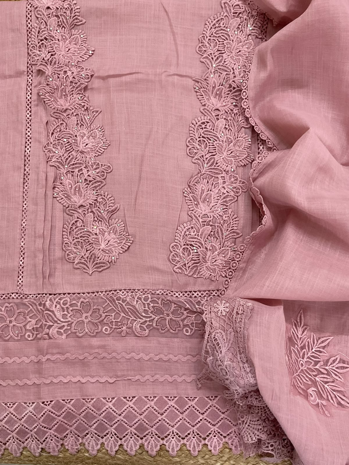Soft Fine Linen Jute Cotton Embroidered Suit - Pink