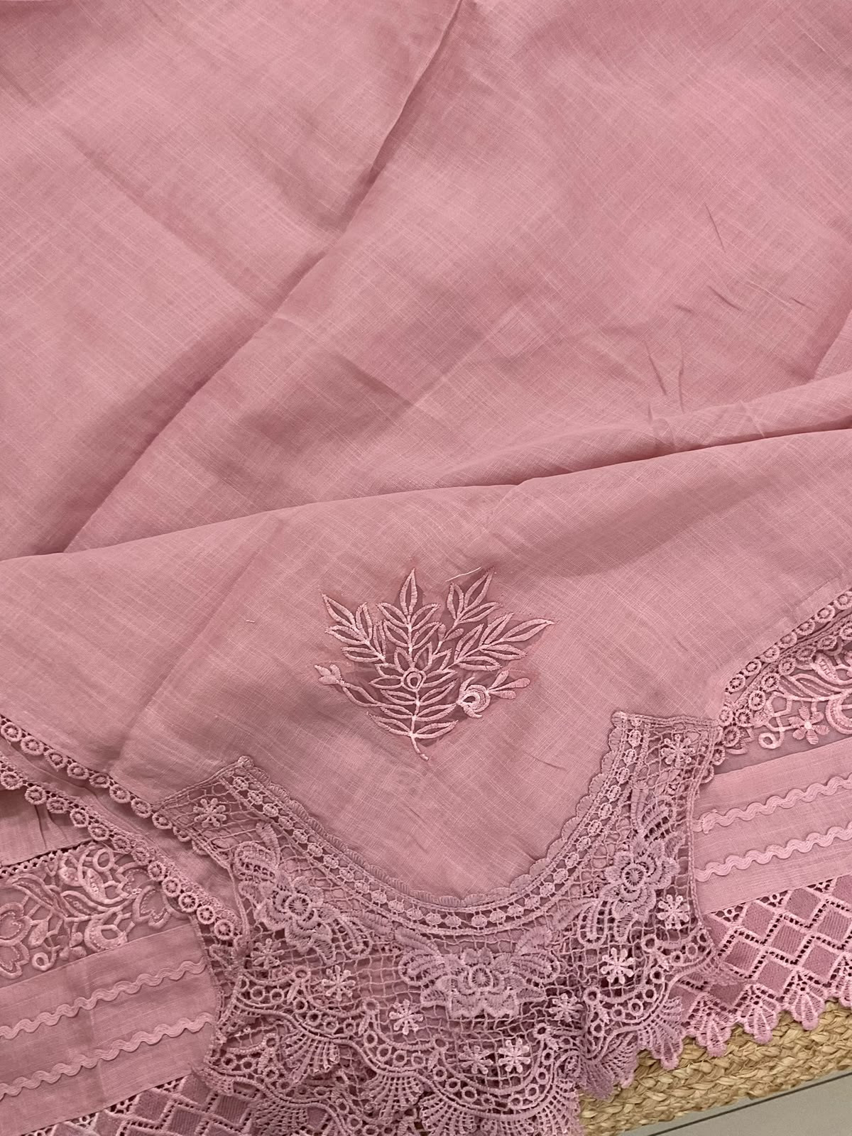 Soft Fine Linen Jute Cotton Embroidered Suit - Pink