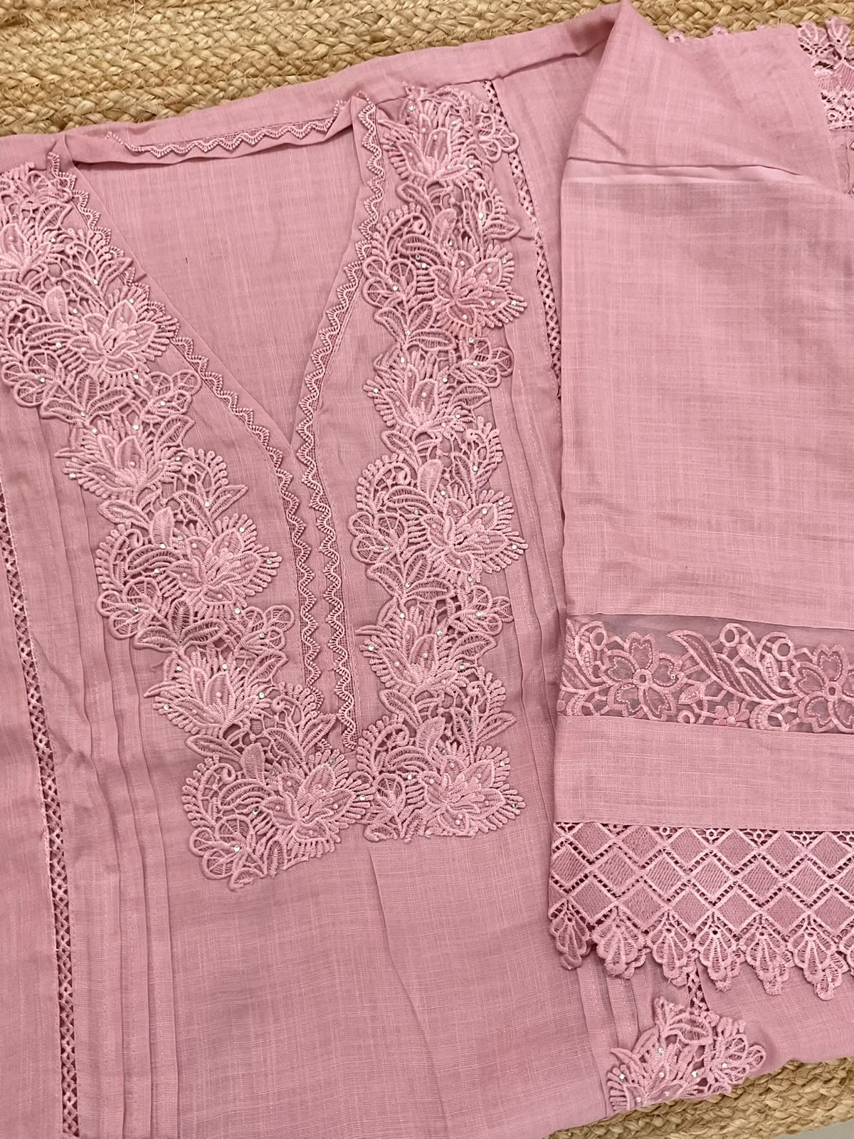 Soft Fine Linen Jute Cotton Embroidered Suit - Pink