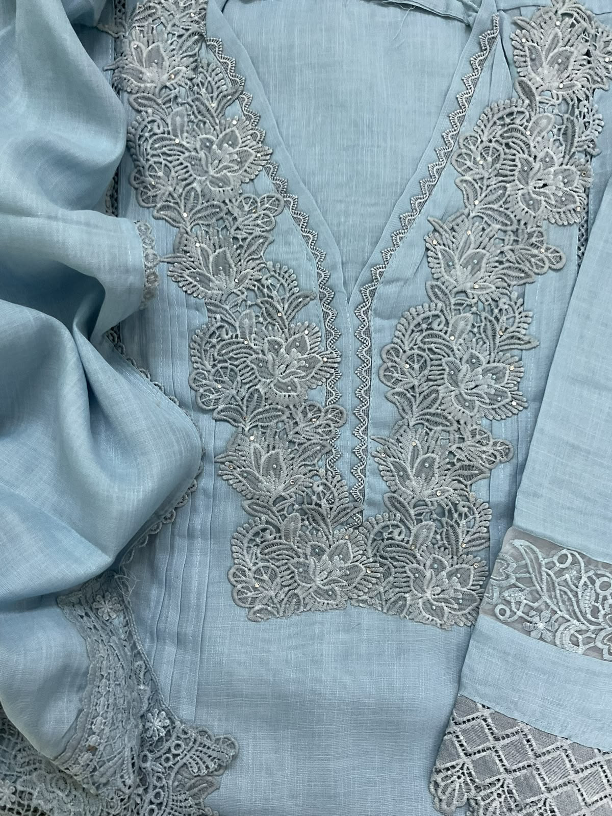 Soft Fine Linen Jute Cotton Embroidered Suit - Blue