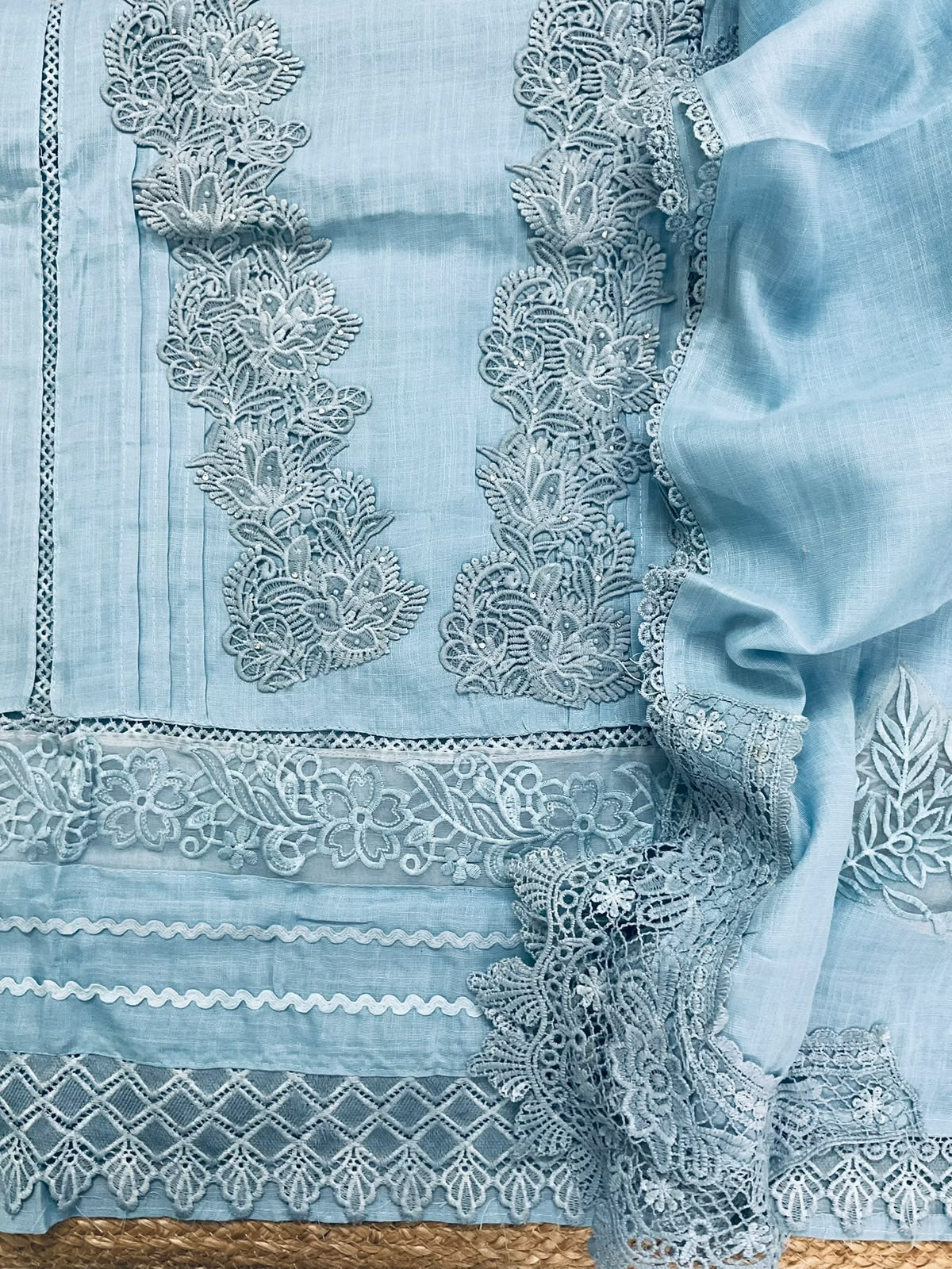 Soft Fine Linen Jute Cotton Embroidered Suit - Blue