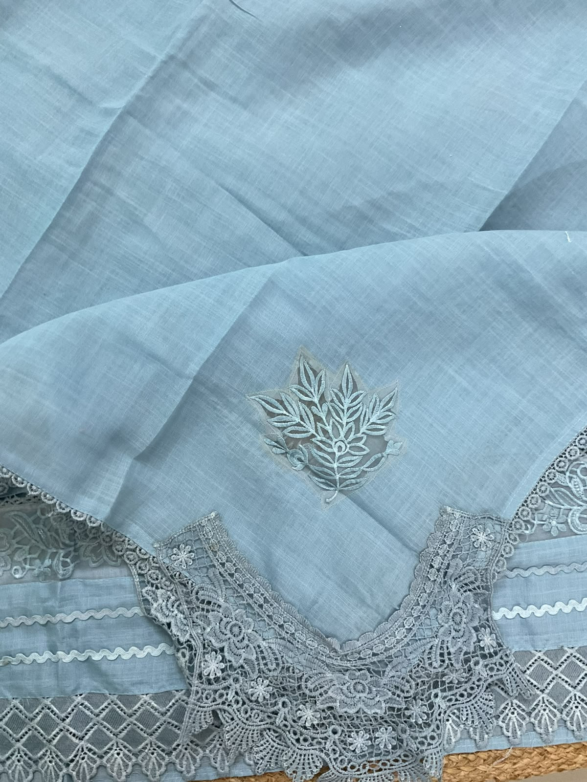 Soft Fine Linen Jute Cotton Embroidered Suit - Blue