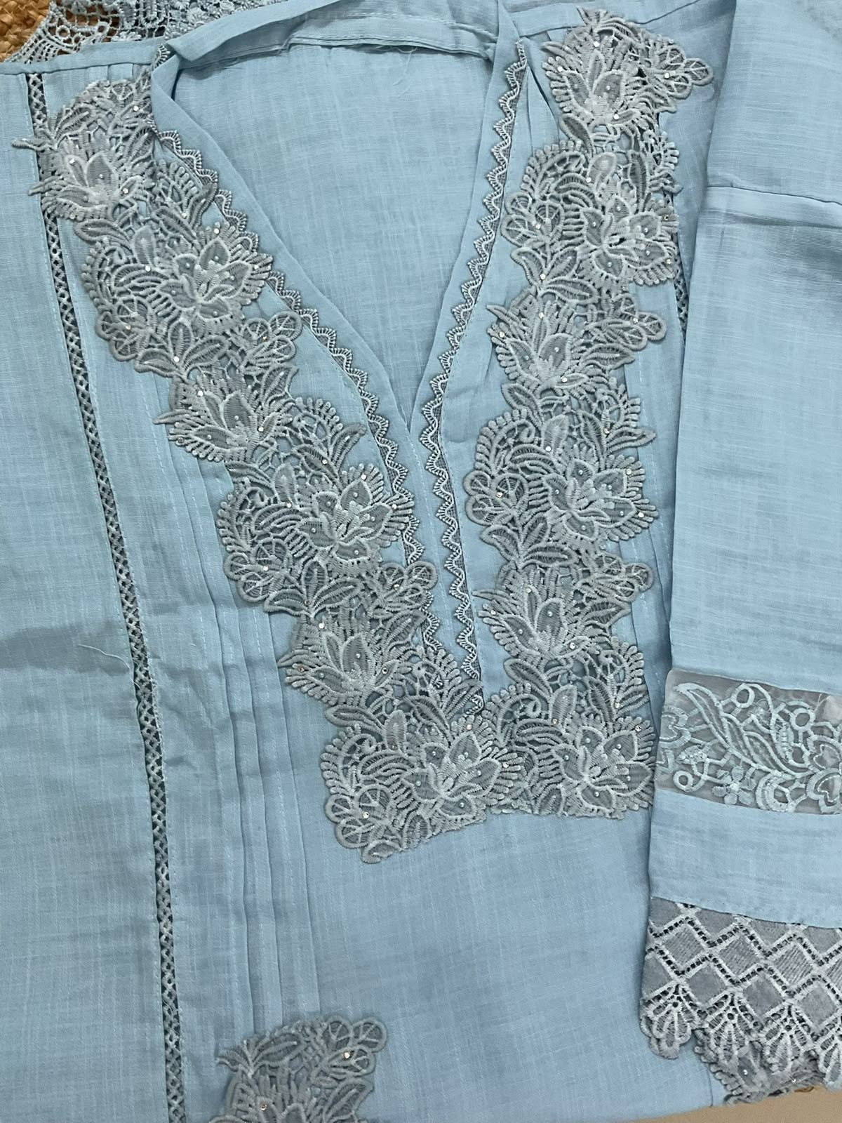Soft Fine Linen Jute Cotton Embroidered Suit - Blue