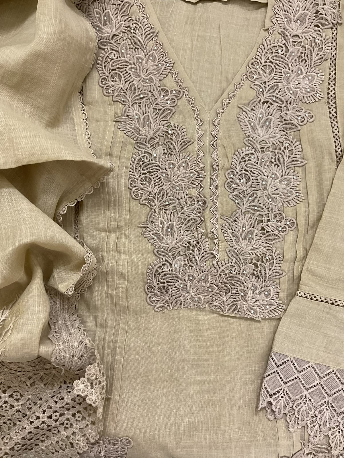 Soft Fine Linen Jute Cotton Embroidered Suit - Beige