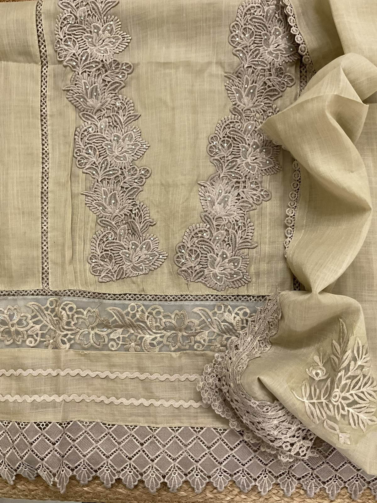 Soft Fine Linen Jute Cotton Embroidered Suit - Beige