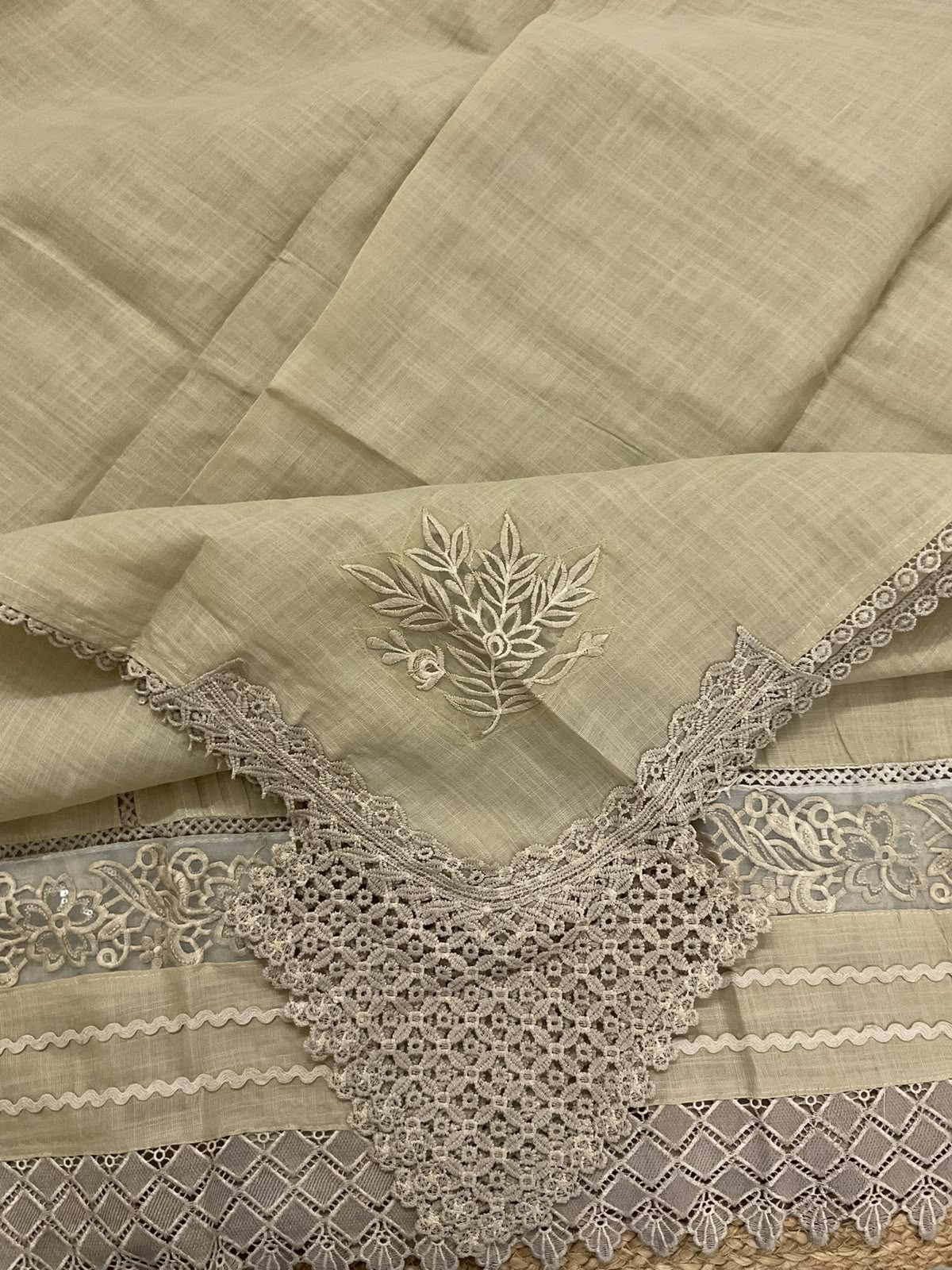 Soft Fine Linen Jute Cotton Embroidered Suit - Beige