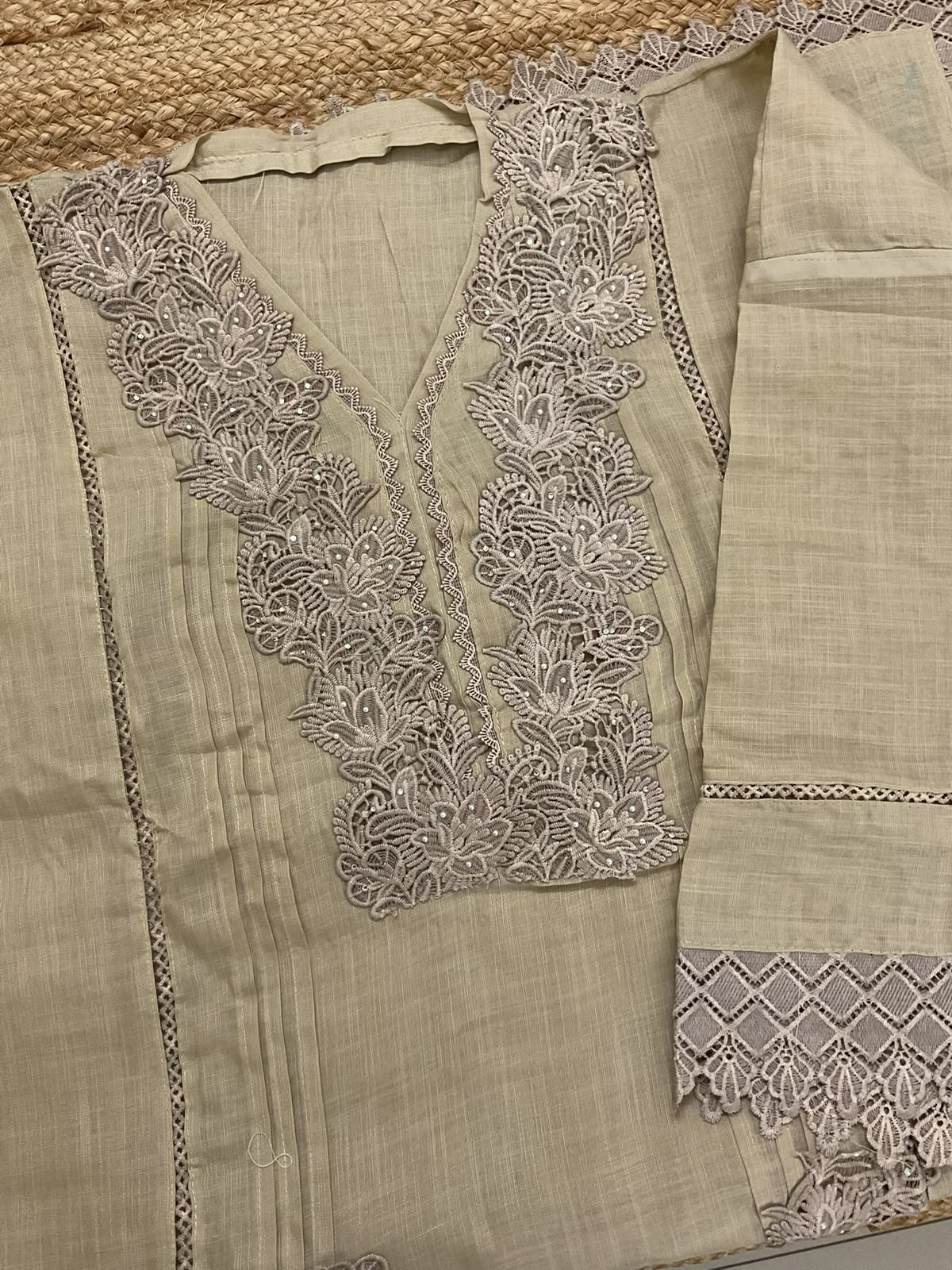 Soft Fine Linen Jute Cotton Embroidered Suit - Beige