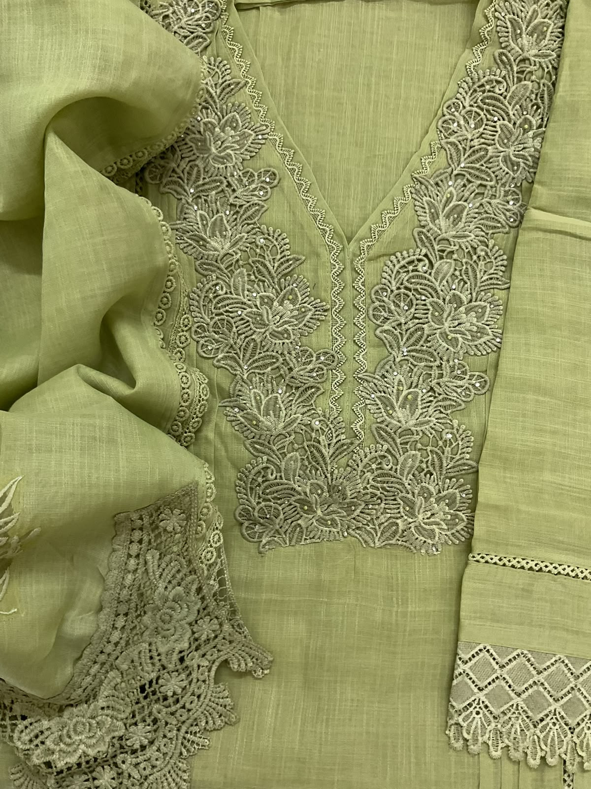 Soft Fine Linen Jute Cotton Embroidered Suit - Green