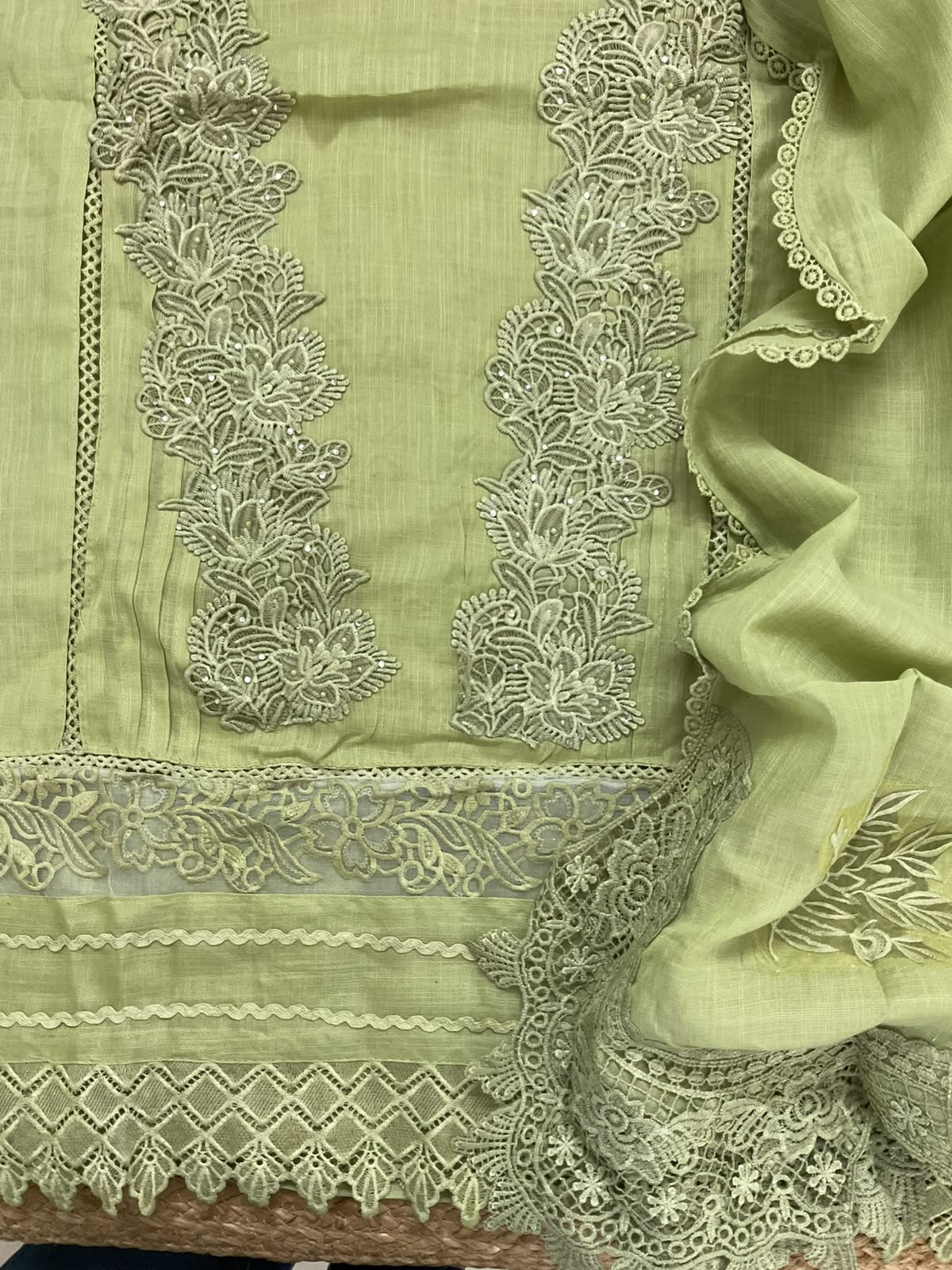 Soft Fine Linen Jute Cotton Embroidered Suit - Green