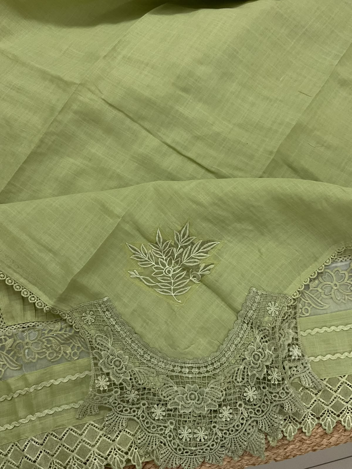 Soft Fine Linen Jute Cotton Embroidered Suit - Green