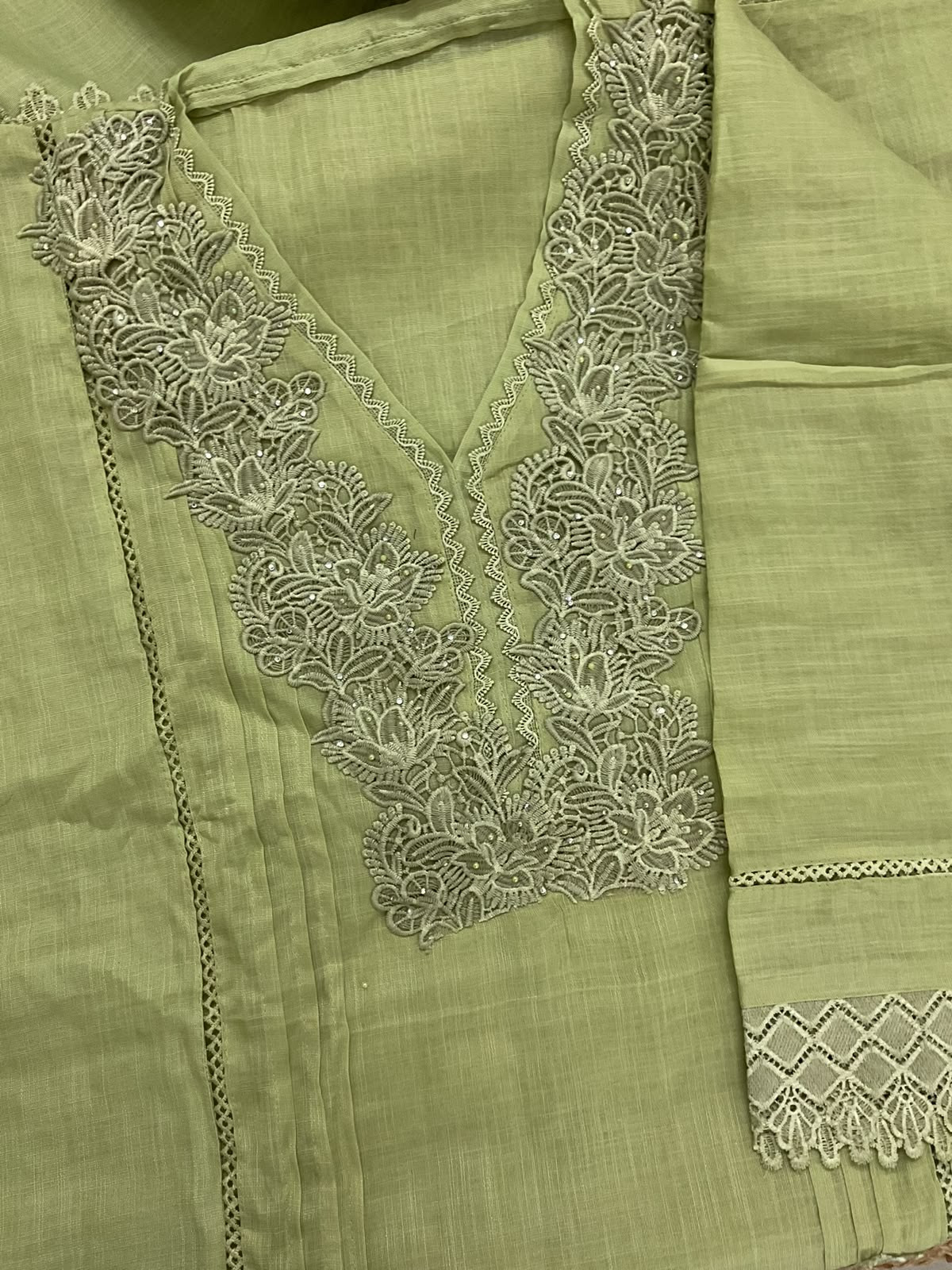 Soft Fine Linen Jute Cotton Embroidered Suit - Green