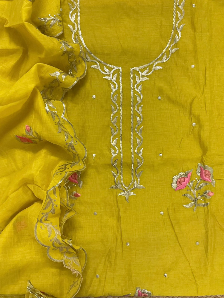 Image of Soft Chanderi Embroidered Suit - Yellow