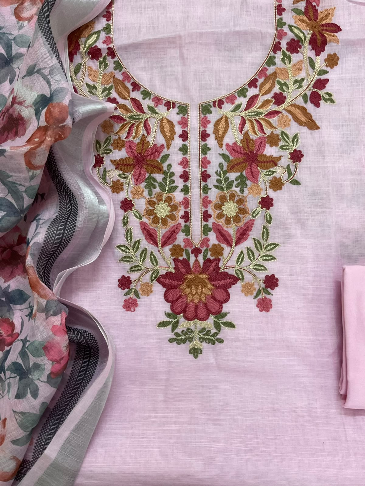 Soft Linen Jute Cotton Printed Embroidered Suit - Pink