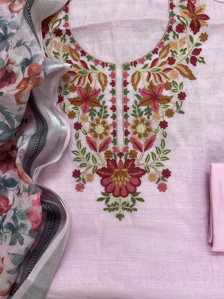 Image of Soft Linen Jute Cotton Printed Embroidered Suit - Pink