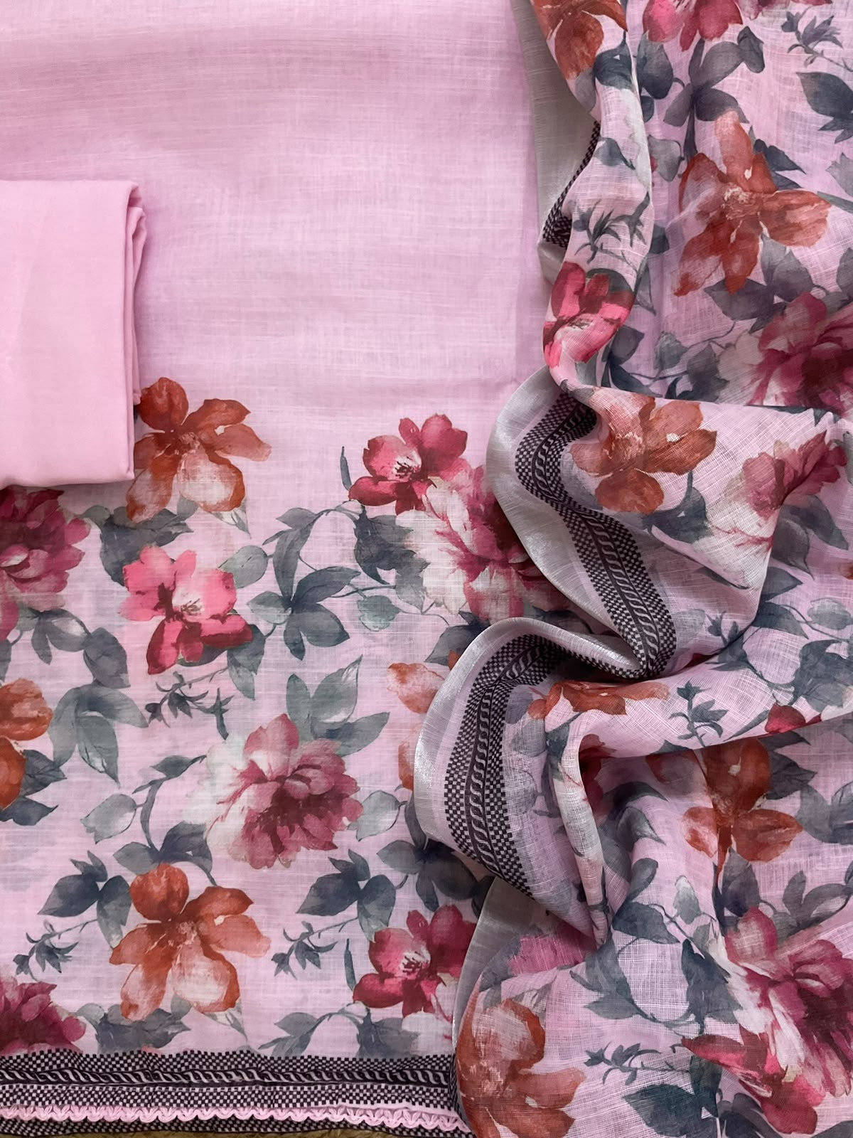 Soft Linen Jute Cotton Printed Embroidered Suit - Pink