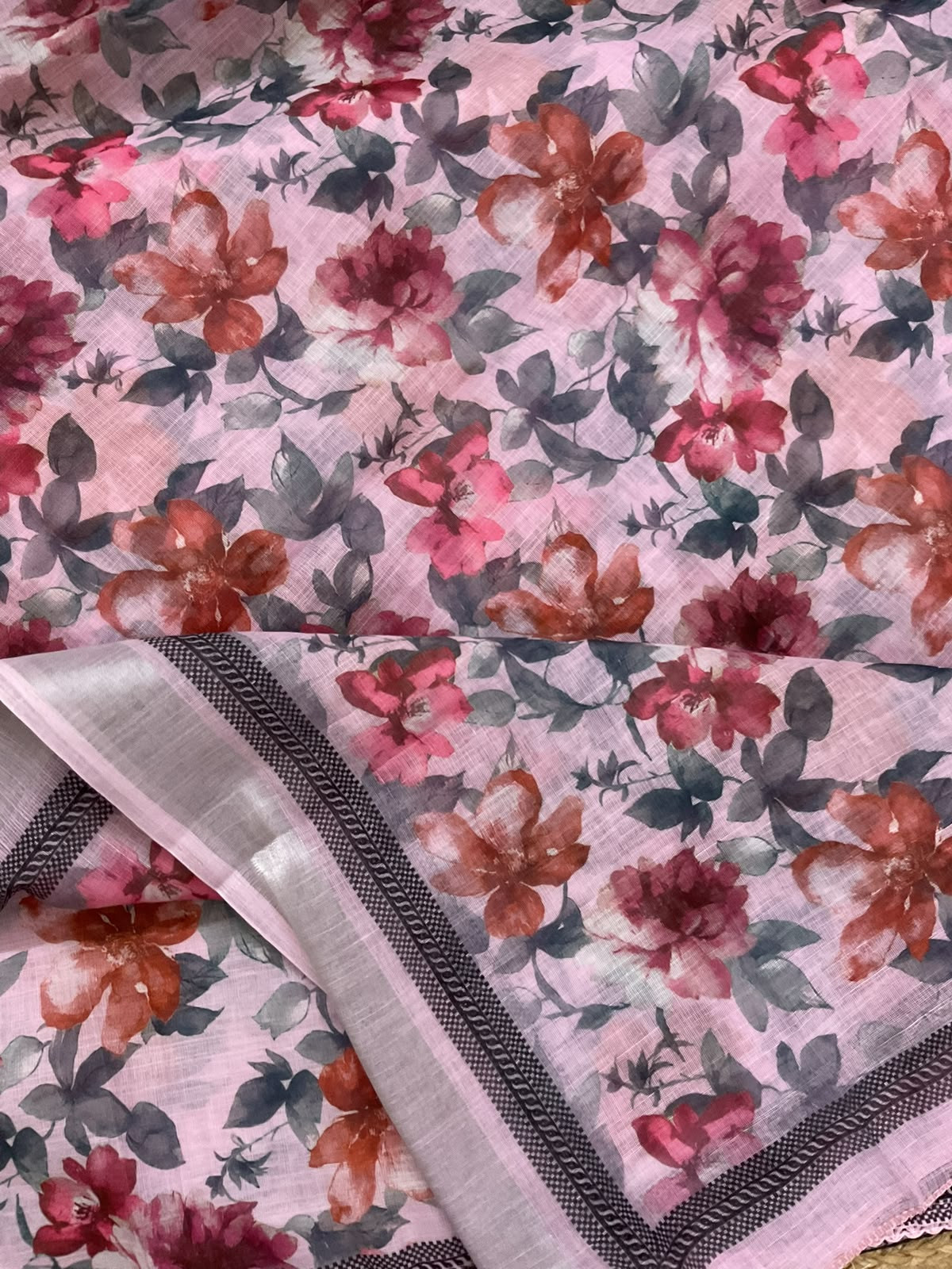 Soft Linen Jute Cotton Printed Embroidered Suit - Pink