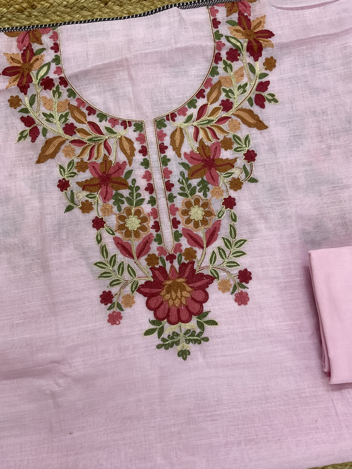 Soft Linen Jute Cotton Printed Embroidered Suit - Pink