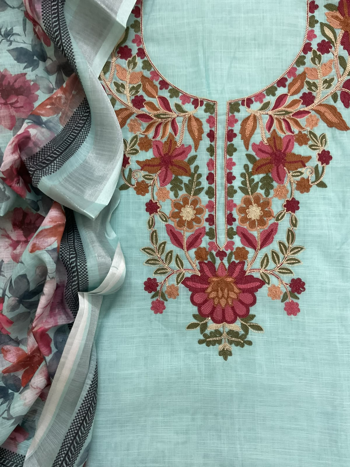Soft Linen Jute Cotton Printed Embroidered Suit - Blue