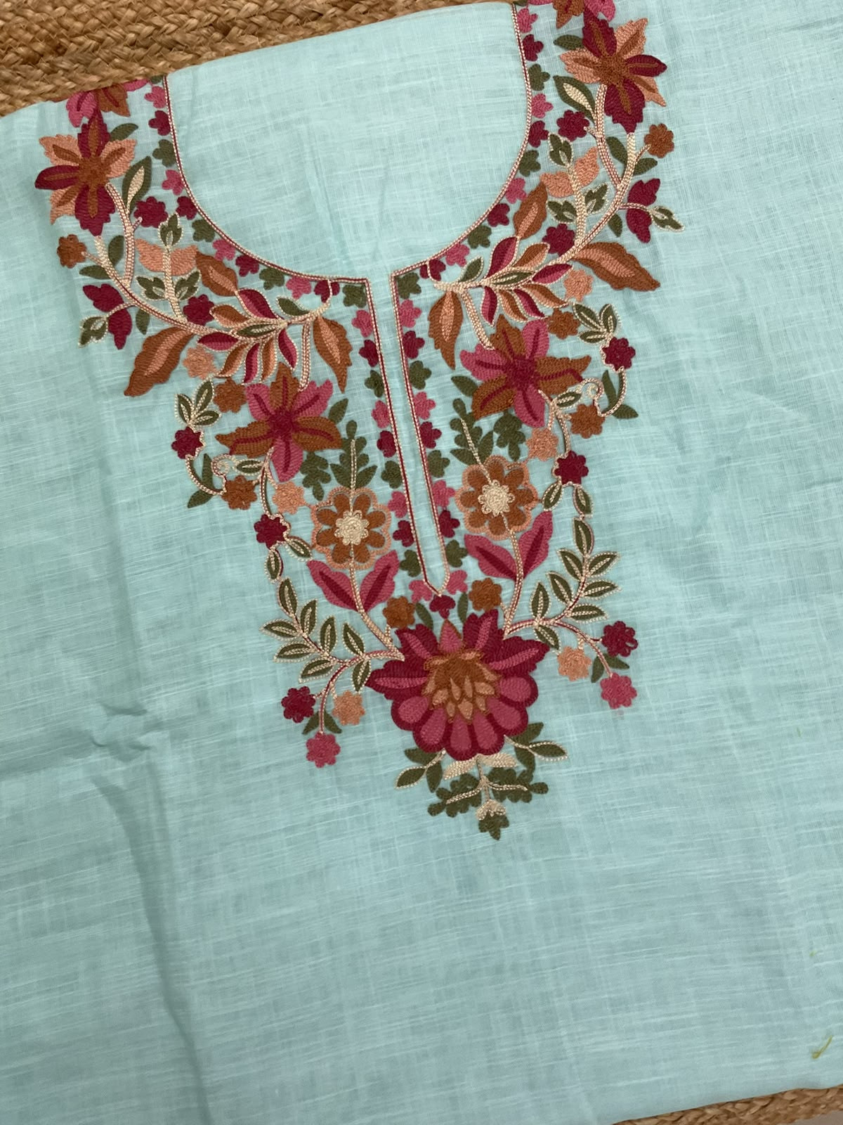 Soft Linen Jute Cotton Printed Embroidered Suit - Blue