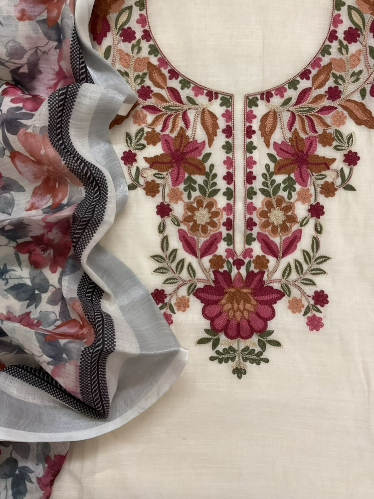 Image of Soft Linen Jute Cotton Printed Embroidered Suit - Cream