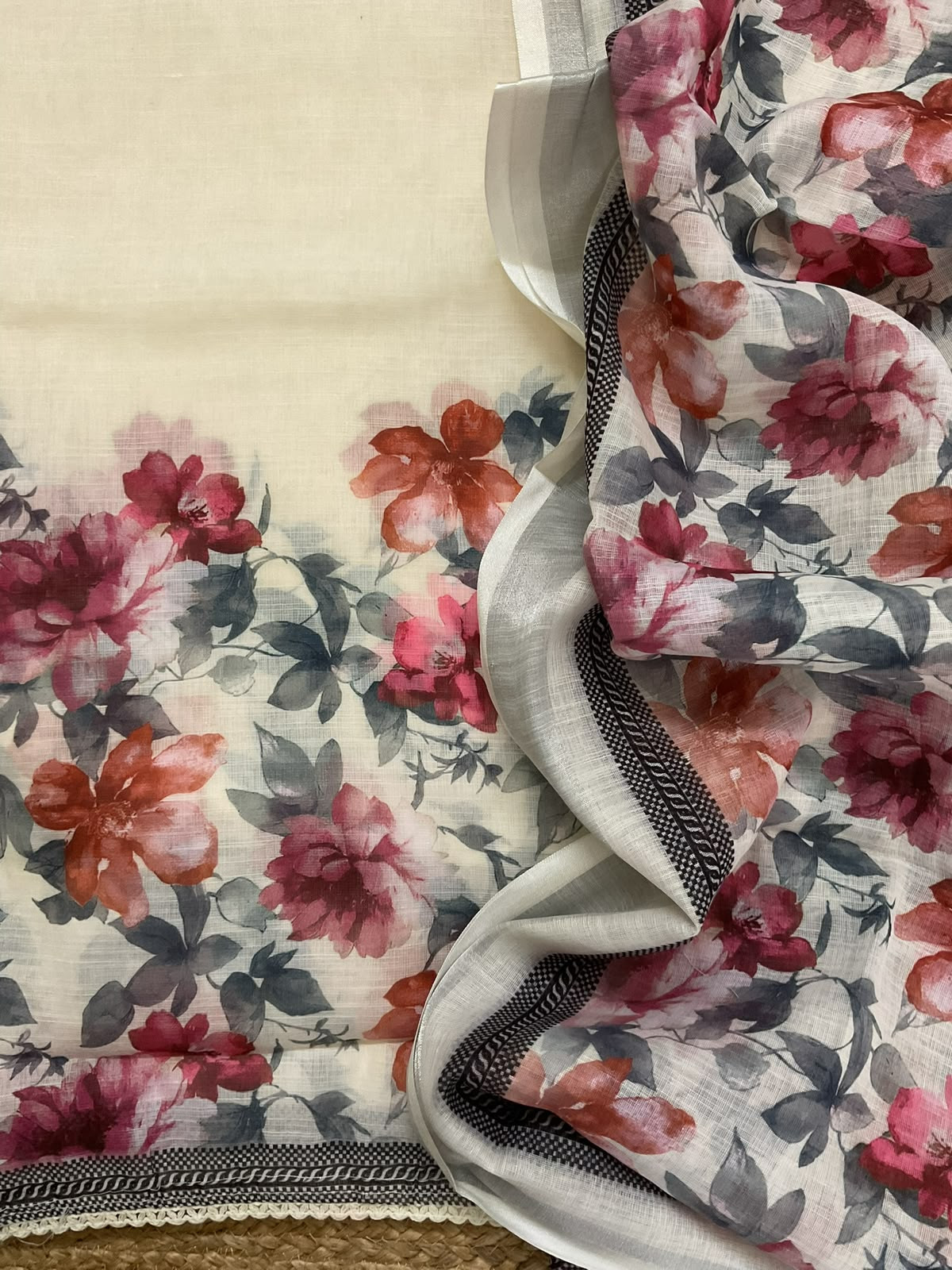 Soft Linen Jute Cotton Printed Embroidered Suit - Cream