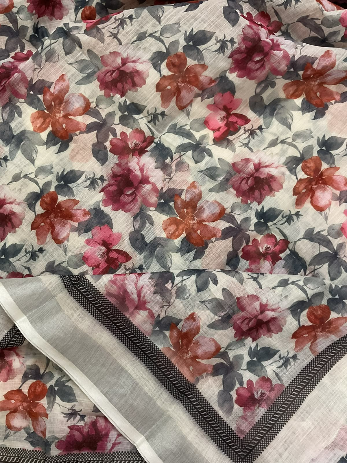 Soft Linen Jute Cotton Printed Embroidered Suit - Cream