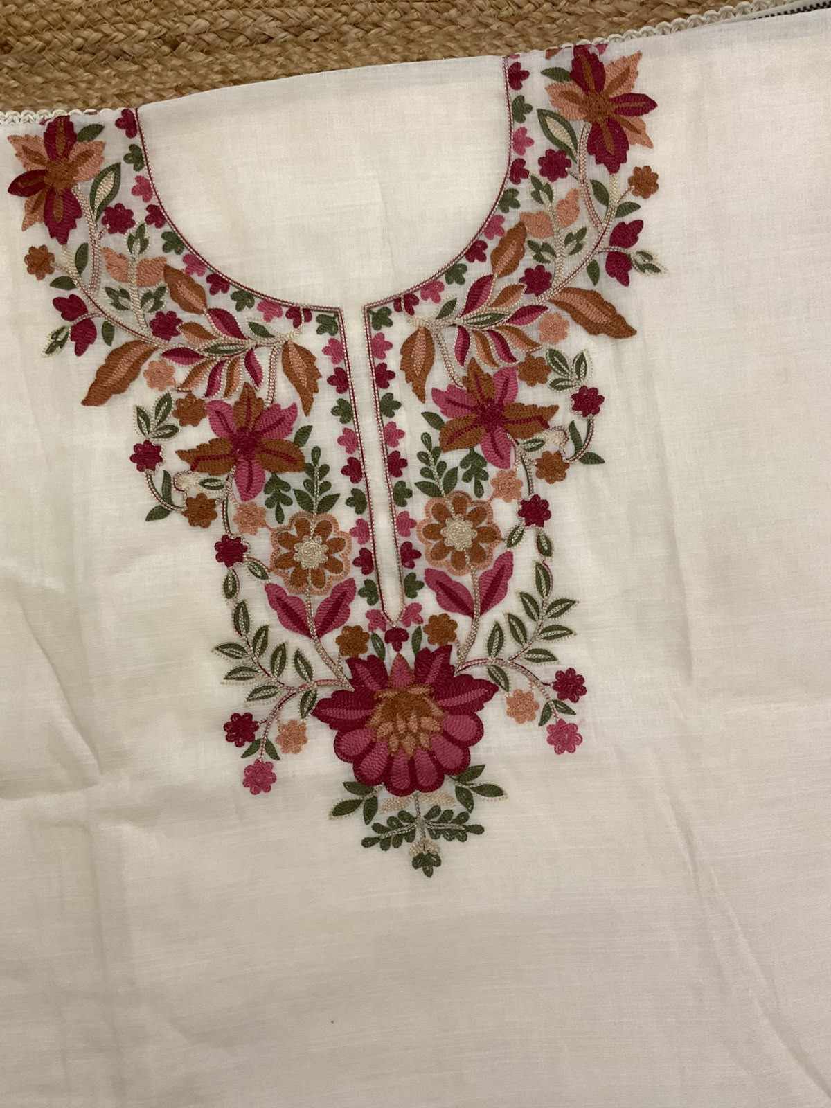 Soft Linen Jute Cotton Printed Embroidered Suit - Cream