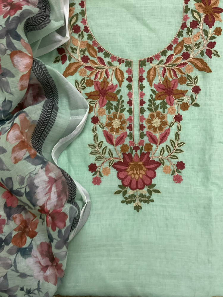 Image of Soft Linen Jute Cotton Printed Embroidered Suit - Green