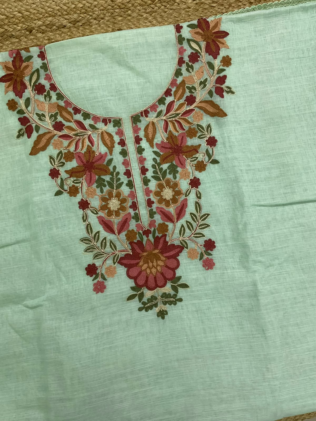 Soft Linen Jute Cotton Printed Embroidered Suit - Green