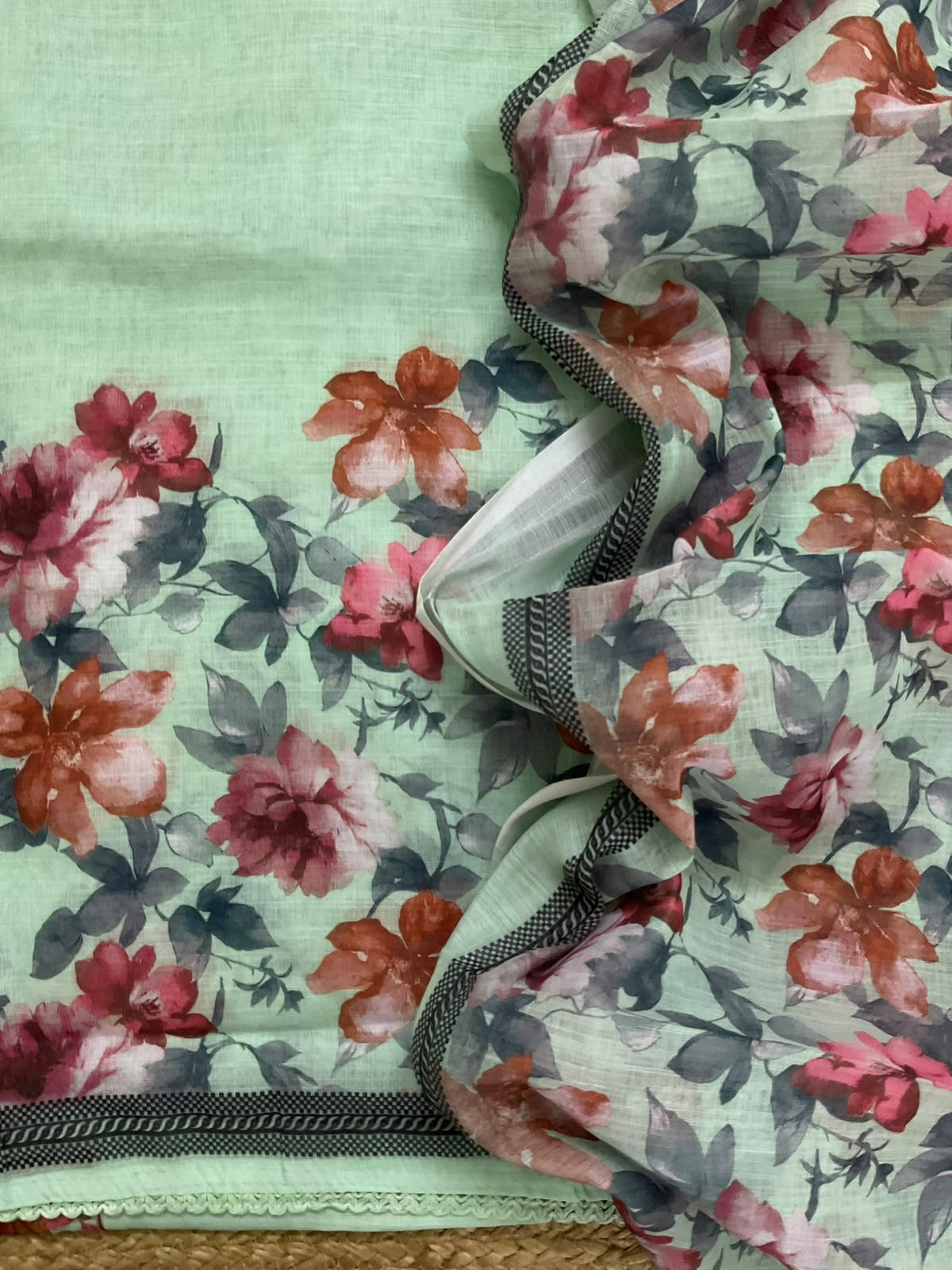 Soft Linen Jute Cotton Printed Embroidered Suit - Green