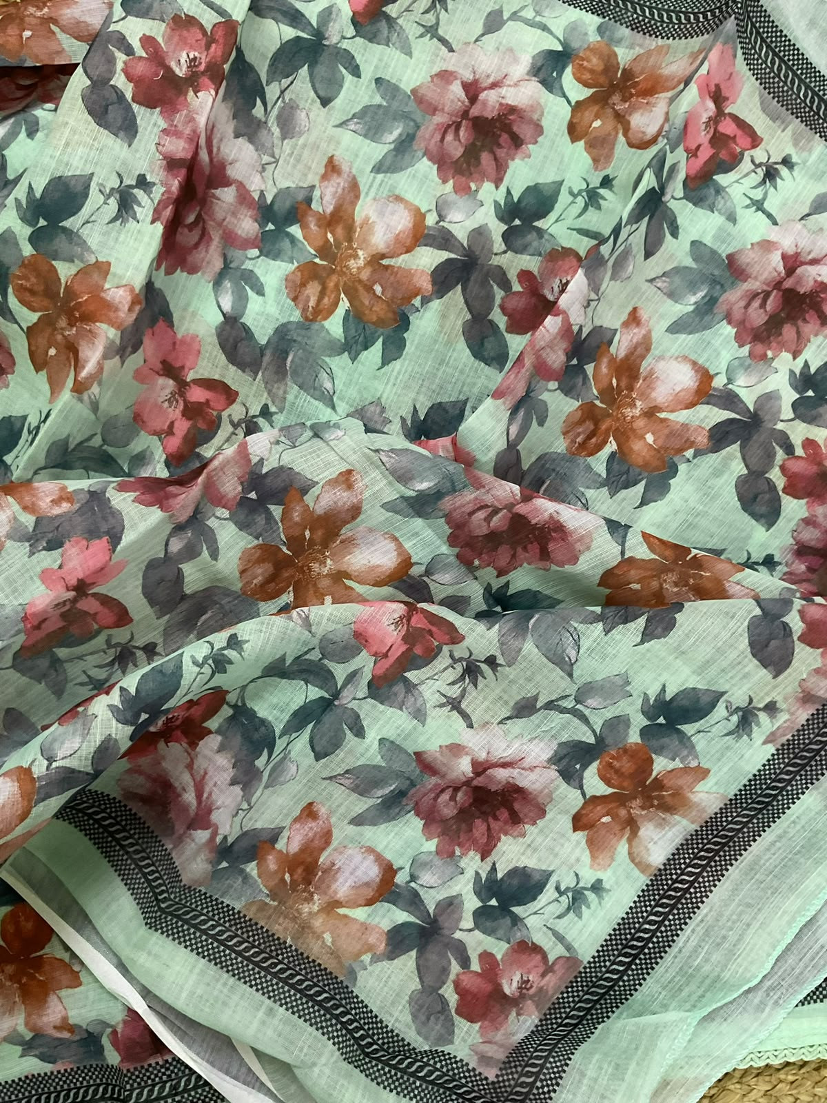 Soft Linen Jute Cotton Printed Embroidered Suit - Green