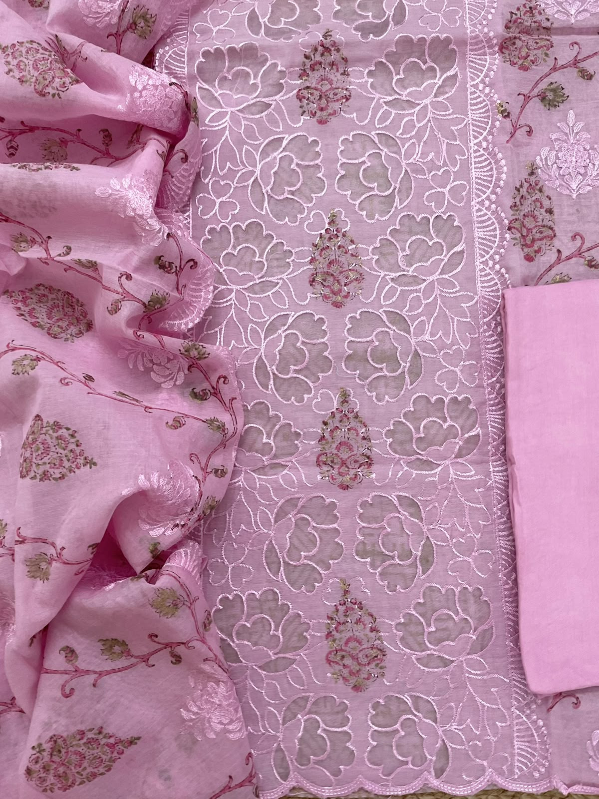 Soft Chanderi Block Printed Embroidered Suit - Pink