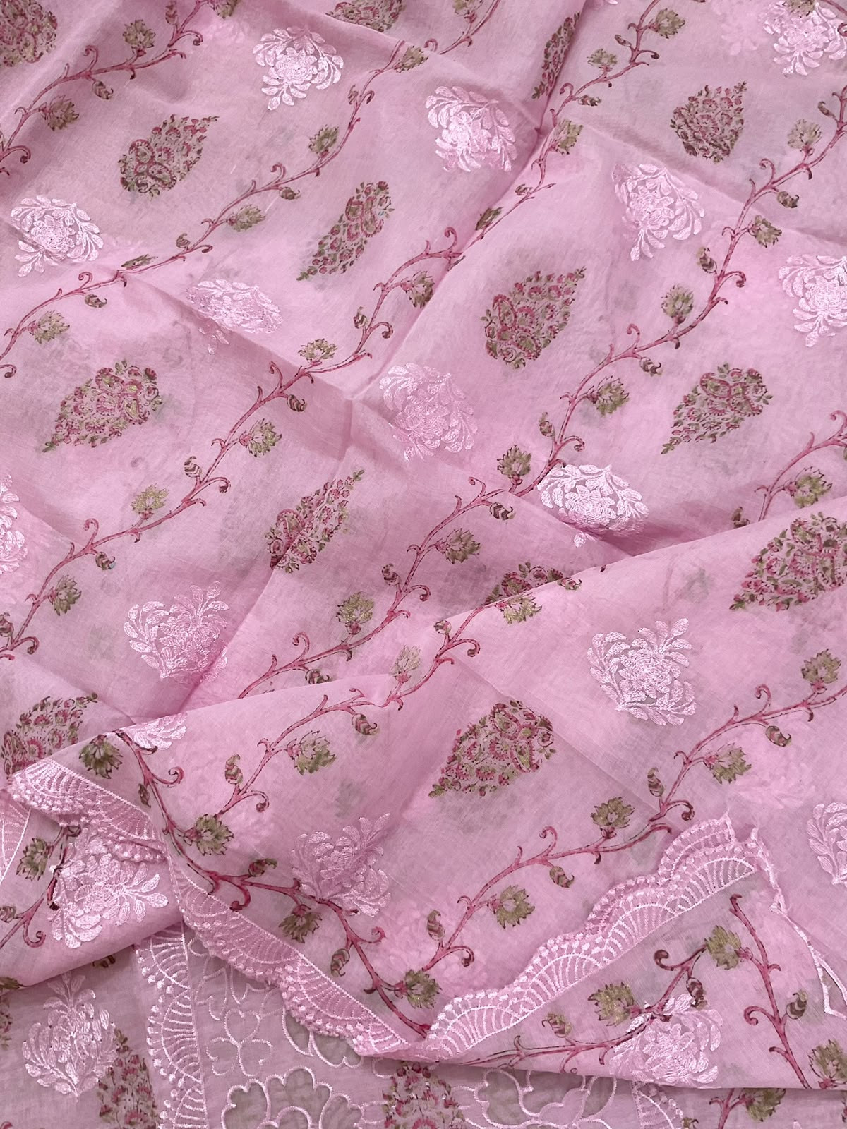 Soft Chanderi Block Printed Embroidered Suit - Pink