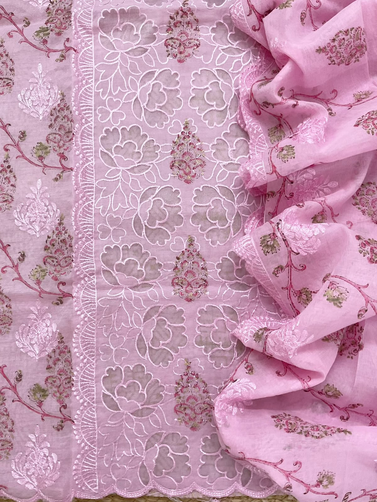Soft Chanderi Block Printed Embroidered Suit - Pink