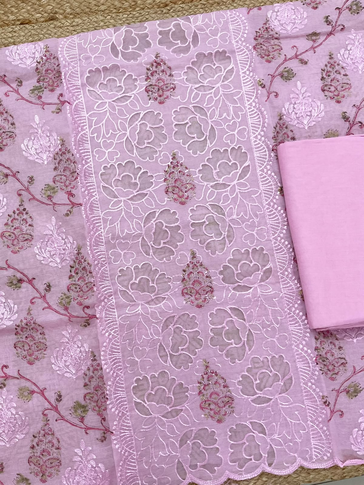 Soft Chanderi Block Printed Embroidered Suit - Pink