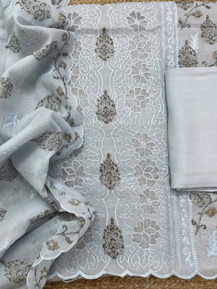 Image of Soft Chanderi Block Printed Embroidered Suit - Grey