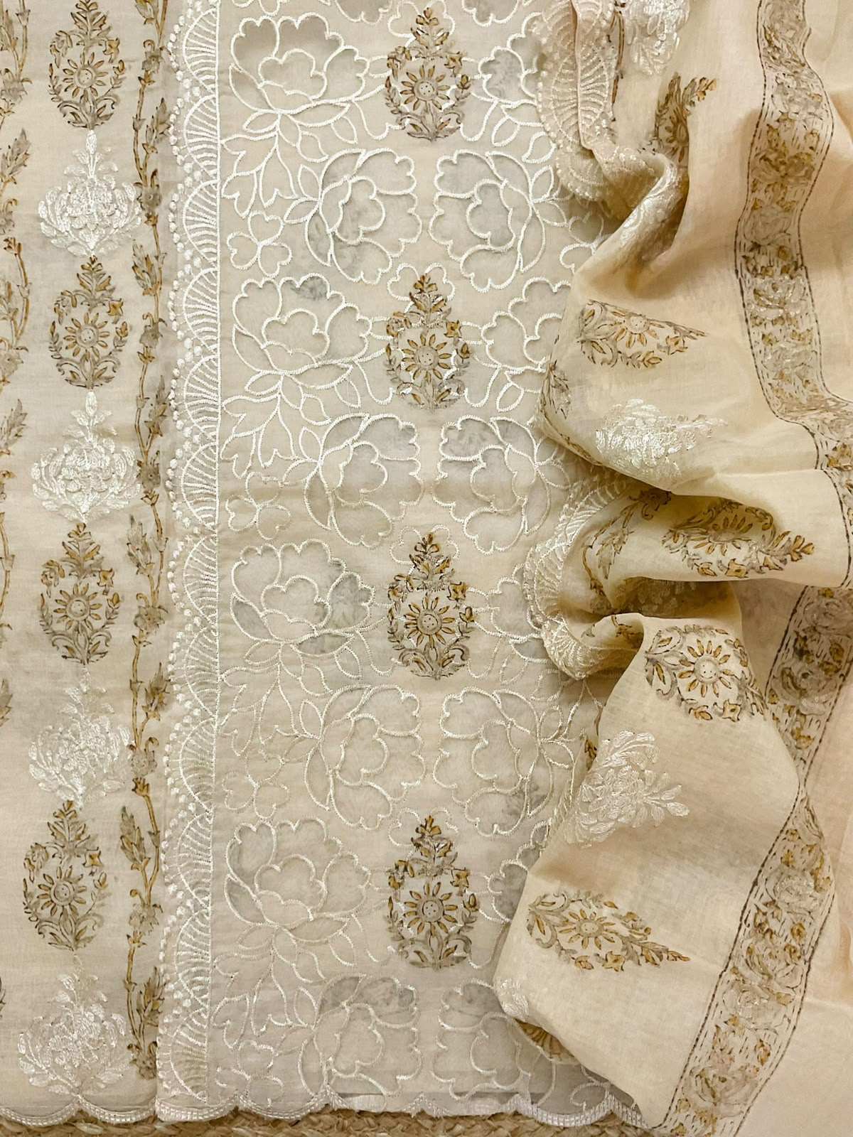 Soft Chanderi Block Printed Embroidered Suit - Beige