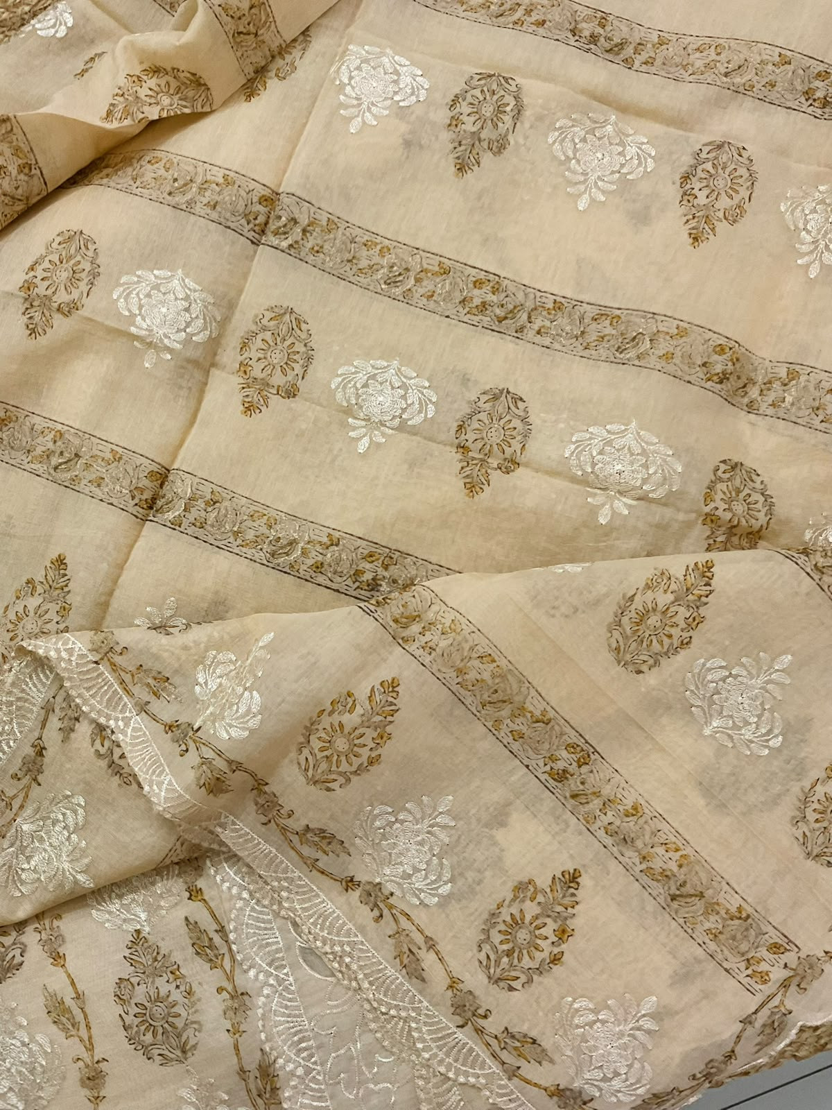 Soft Chanderi Block Printed Embroidered Suit - Beige