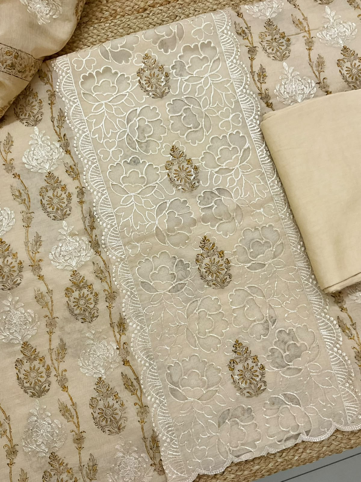 Soft Chanderi Block Printed Embroidered Suit - Beige