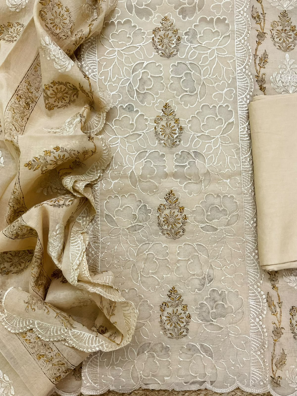 Soft Chanderi Block Printed Embroidered Suit - Beige