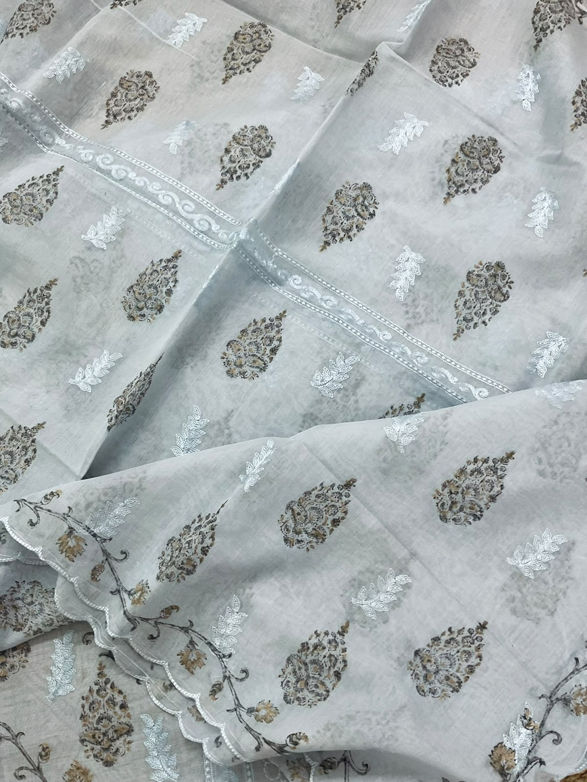 Soft Chanderi Block Printed Embroidered Suit - Grey
