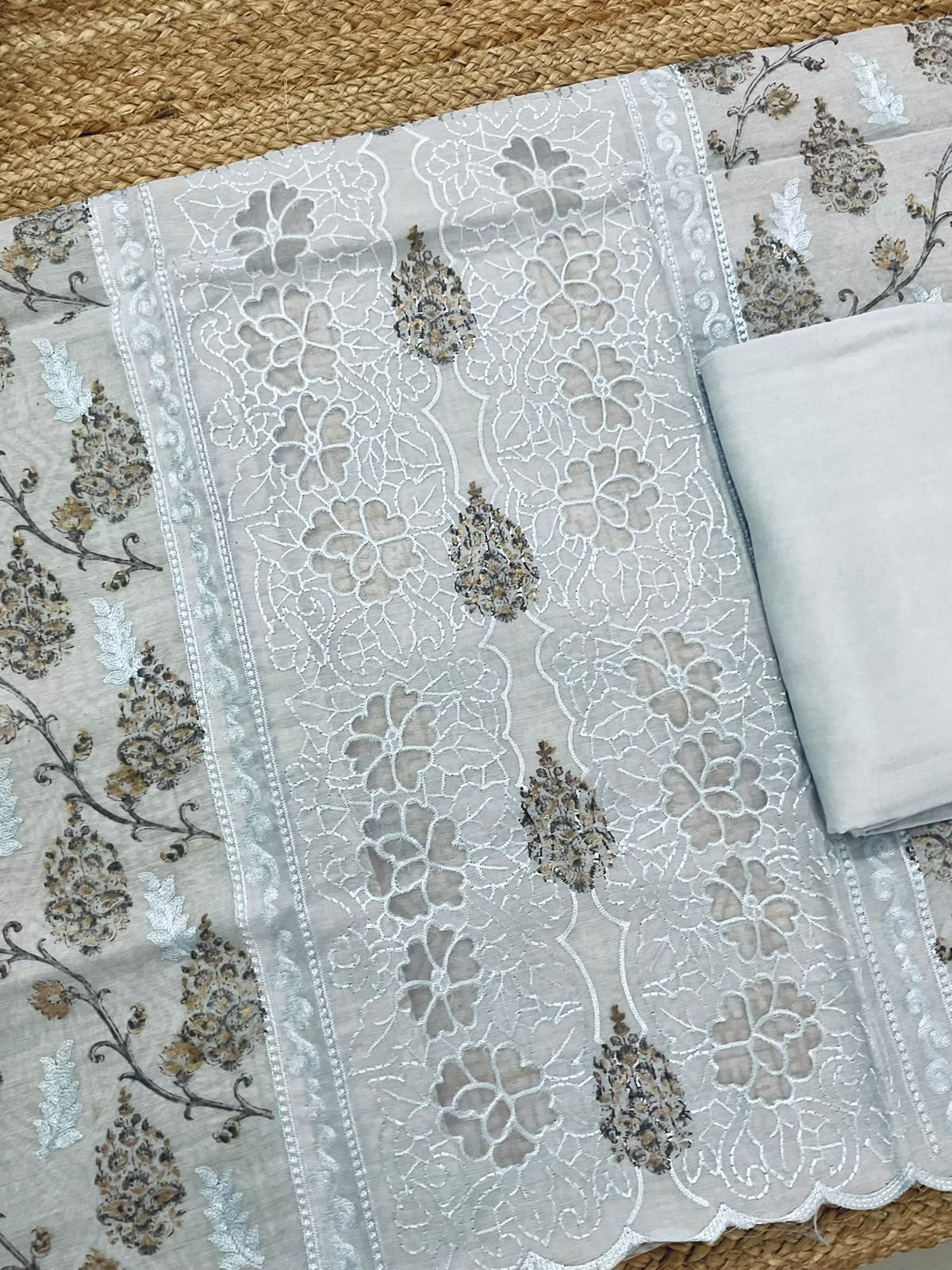 Soft Chanderi Block Printed Embroidered Suit - Grey
