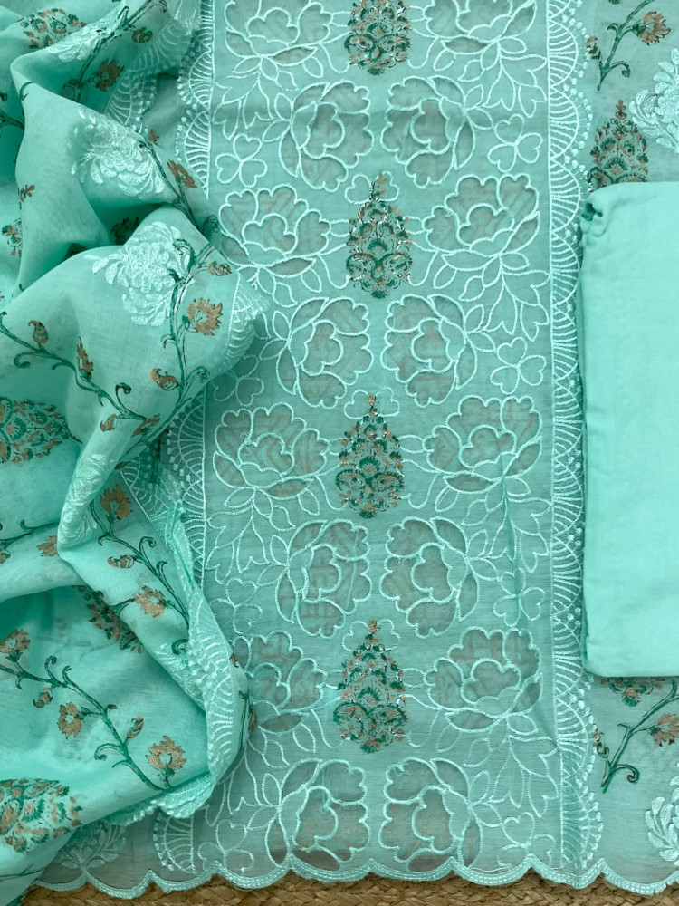 Image of Soft Chanderi Block Printed Embroidered Suit - Green