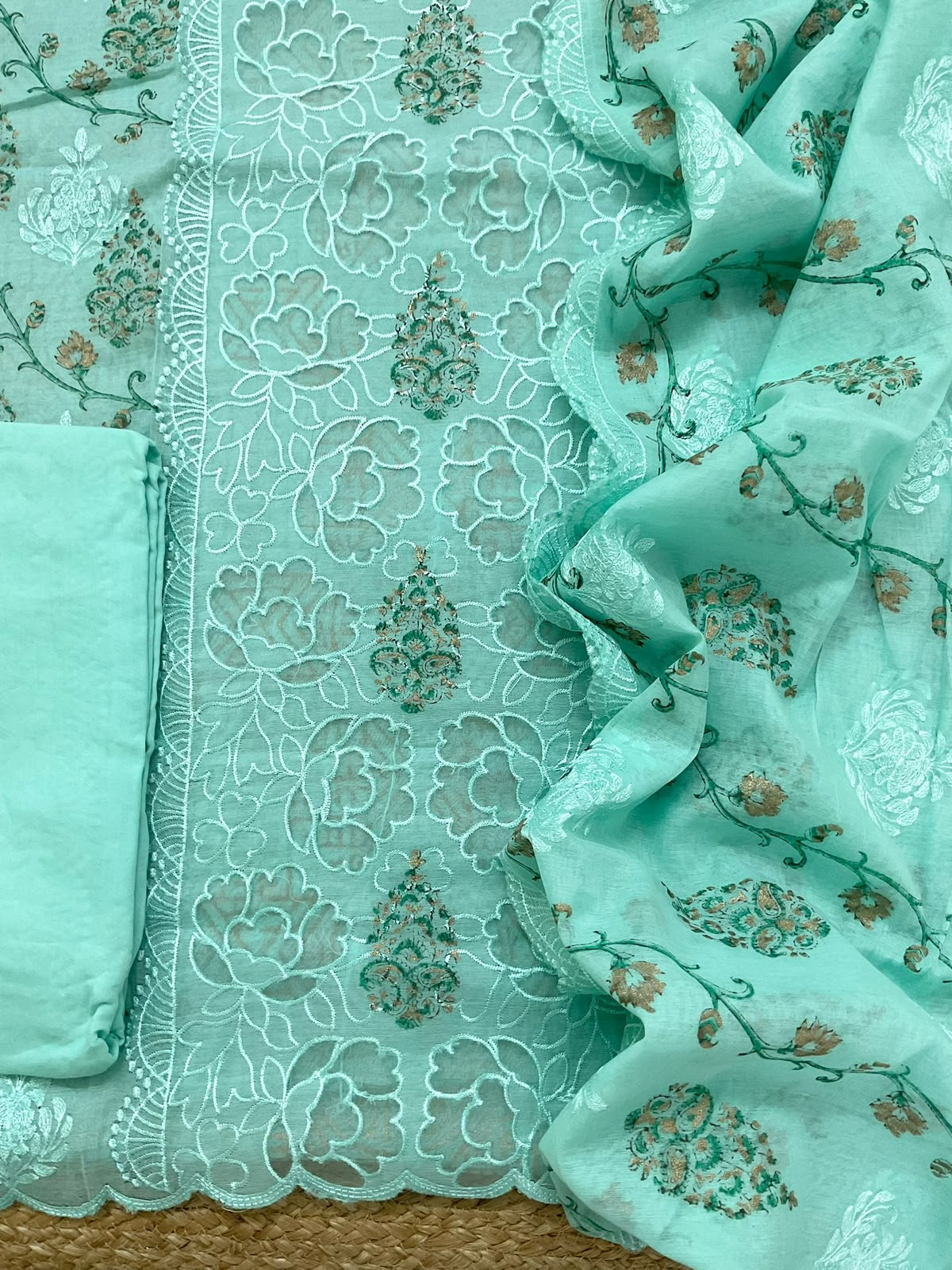 Soft Chanderi Block Printed Embroidered Suit - Green