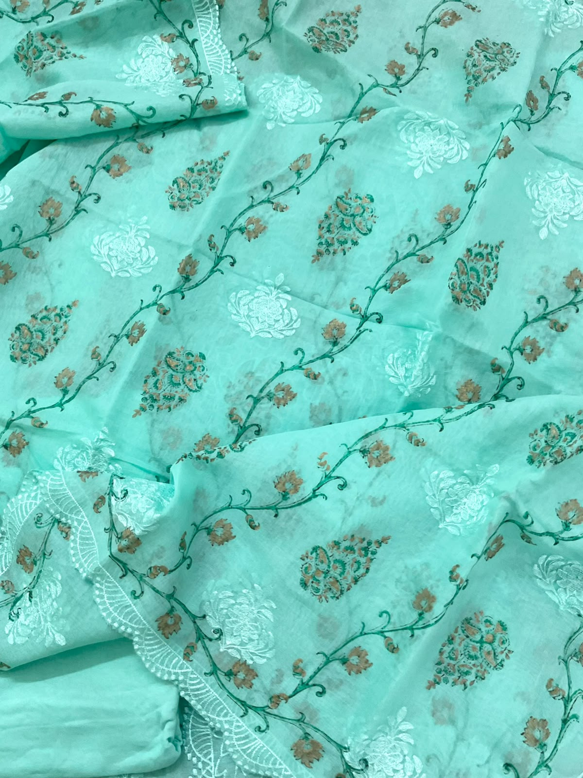 Soft Chanderi Block Printed Embroidered Suit - Green