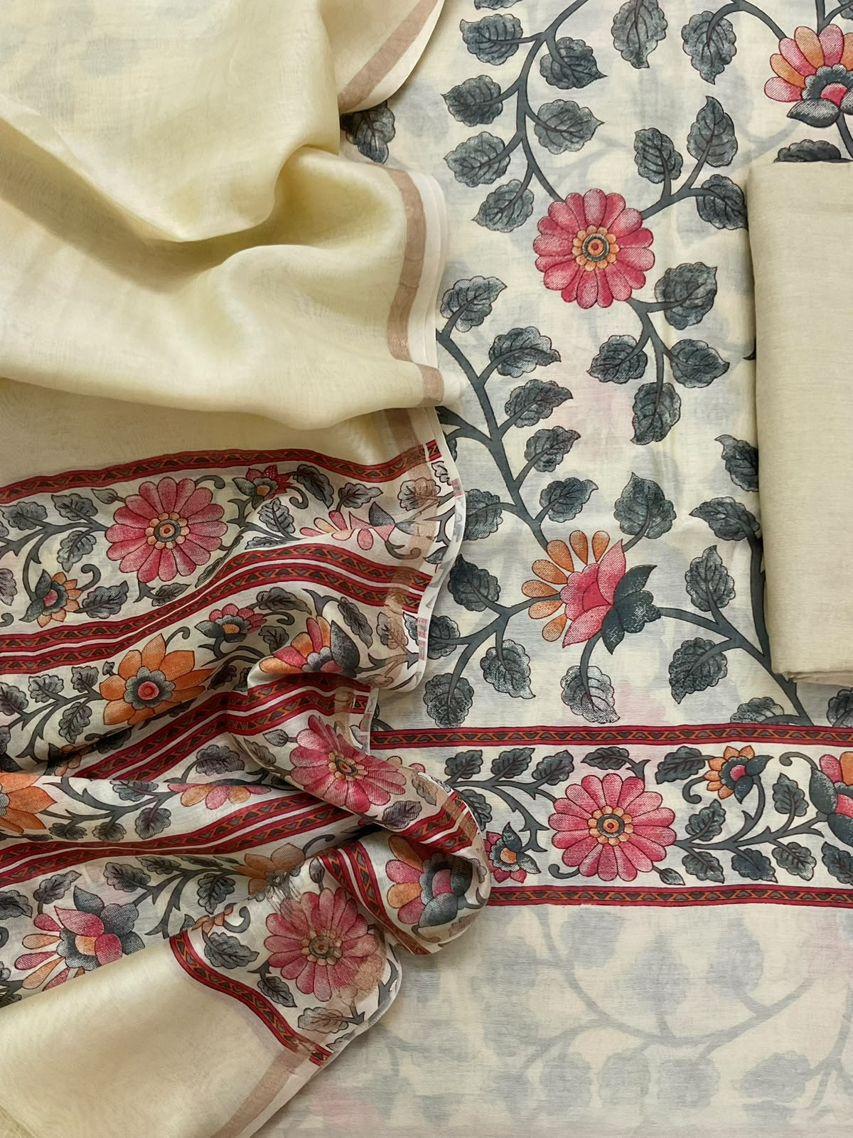 Pure Chanderi Printed Suit - Cream