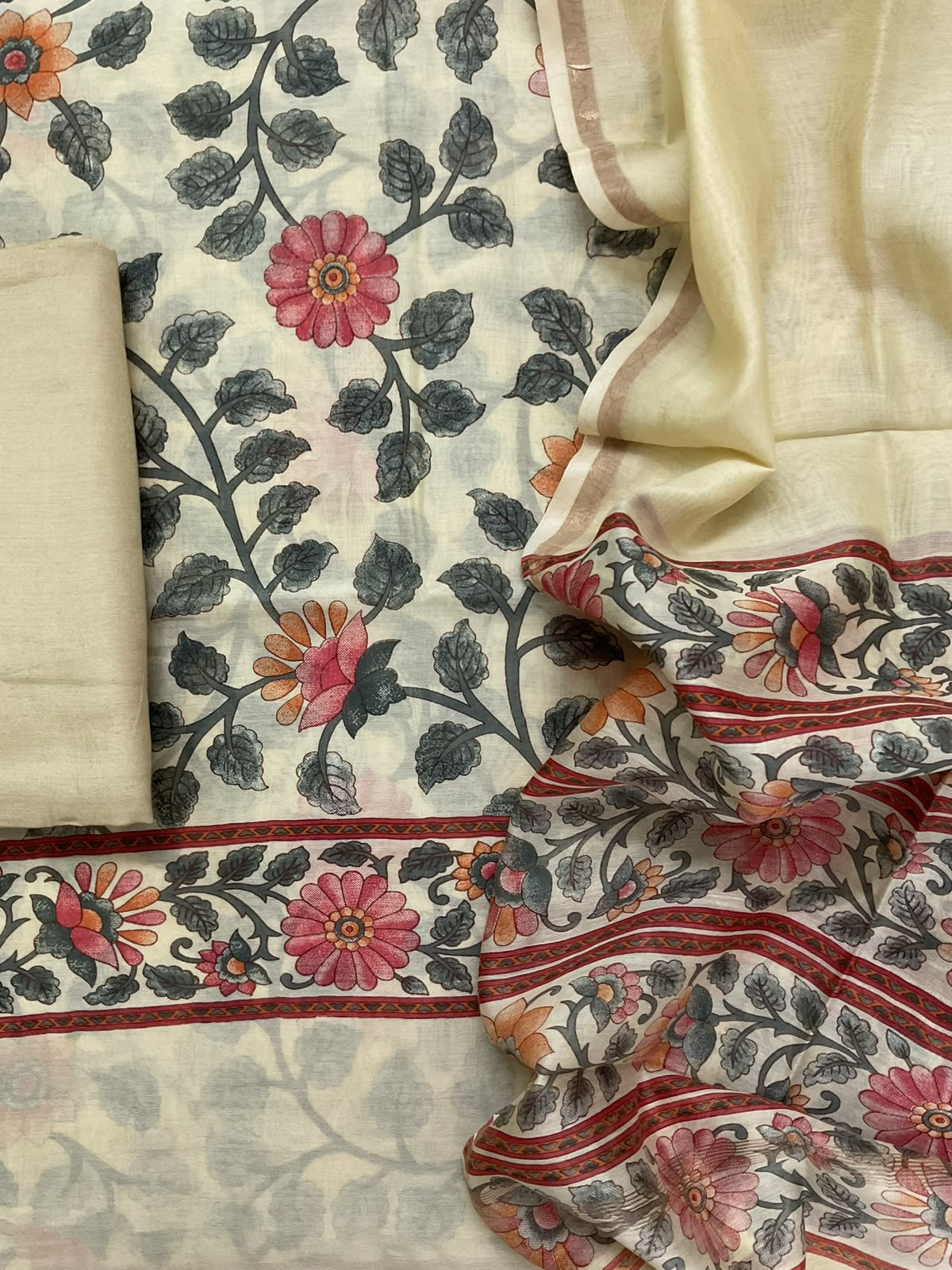 Pure Chanderi Printed Suit - Cream